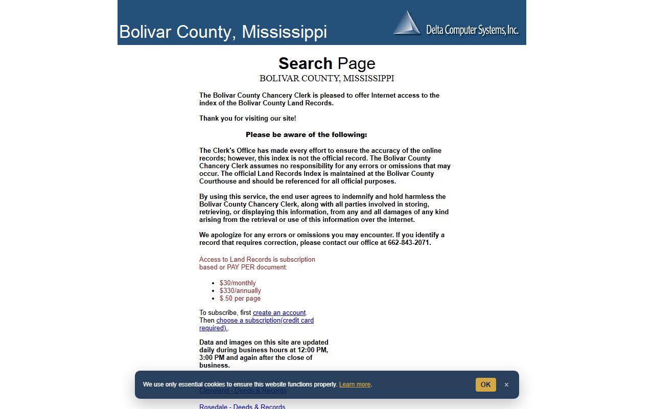 Bolivar County Chancery Clerk land records index access page