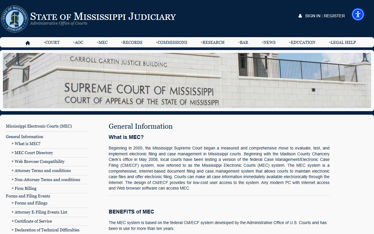 Bolivar County court dockets and case-management details on the MEC information page