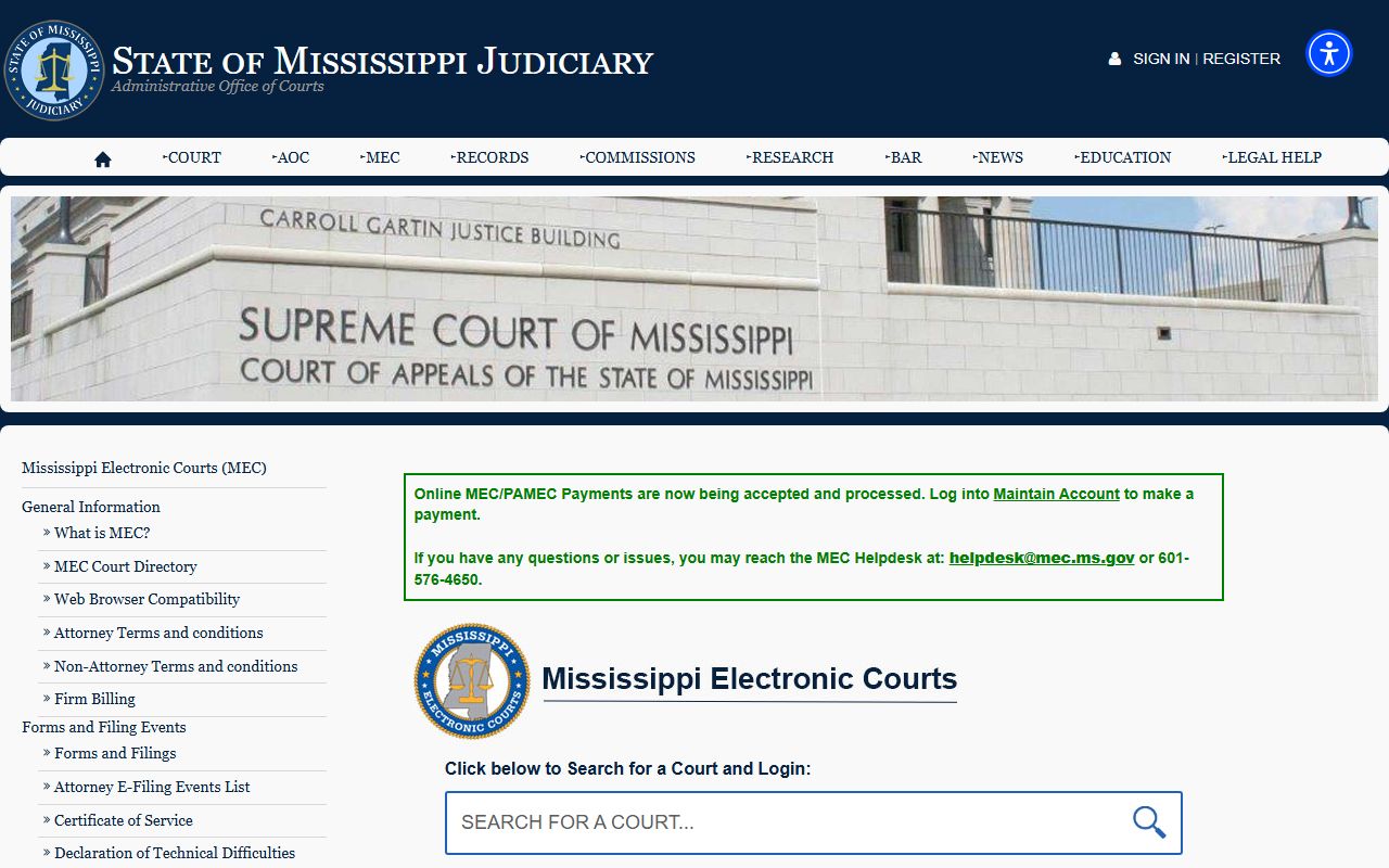 Bolivar County court dockets access through the Mississippi Electronic Courts portal