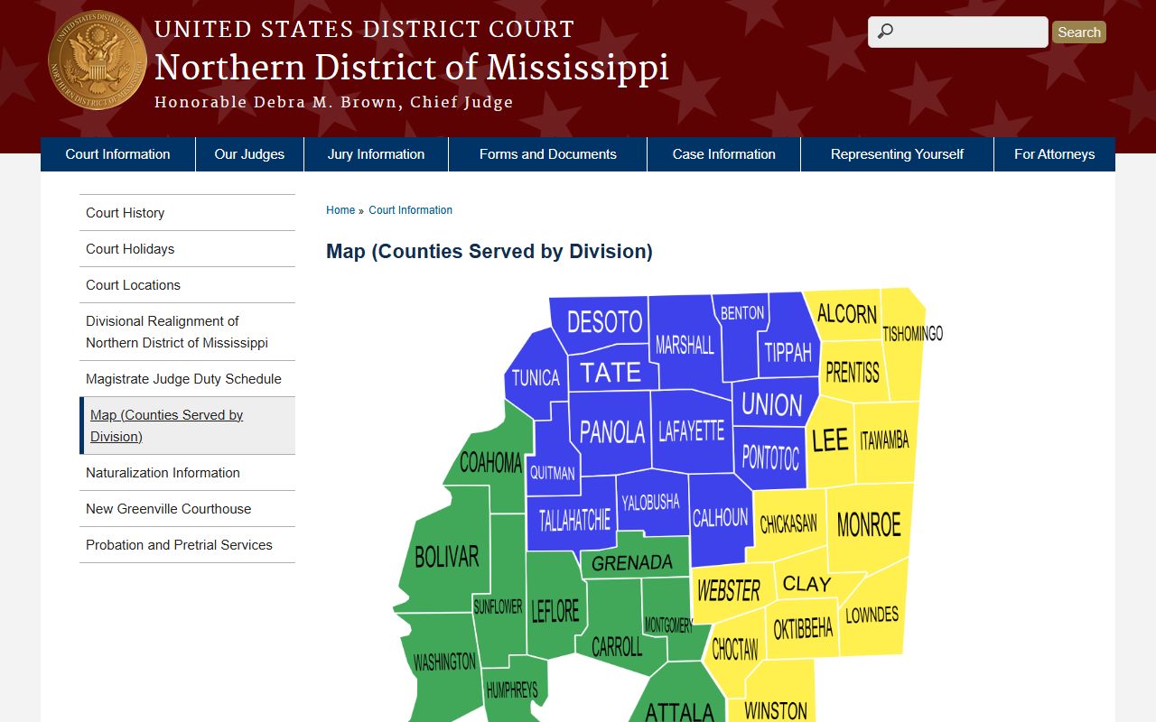 Bolivar County federal court records Northern District of Mississippi divisional maps