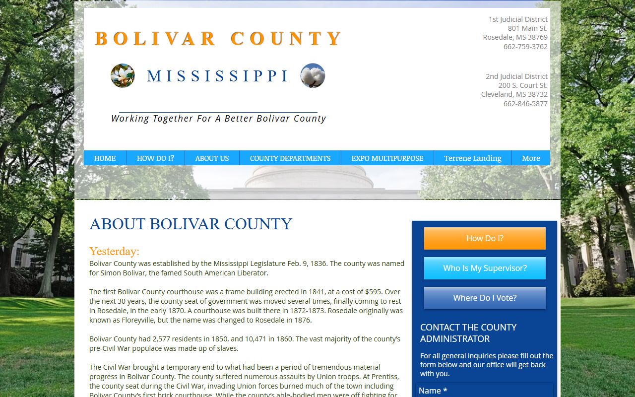 Bolivar County history and court district records page