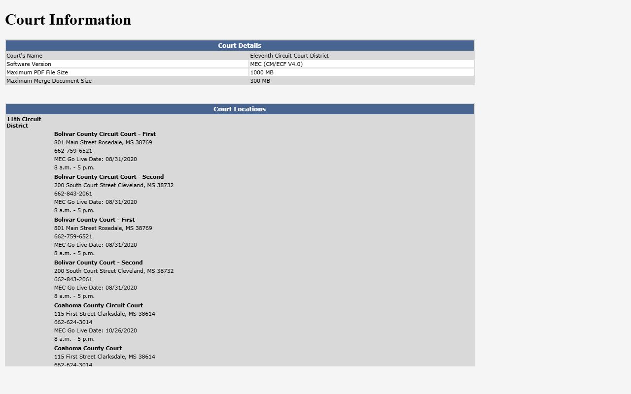 Eleventh Circuit MEC Bolivar County court records information