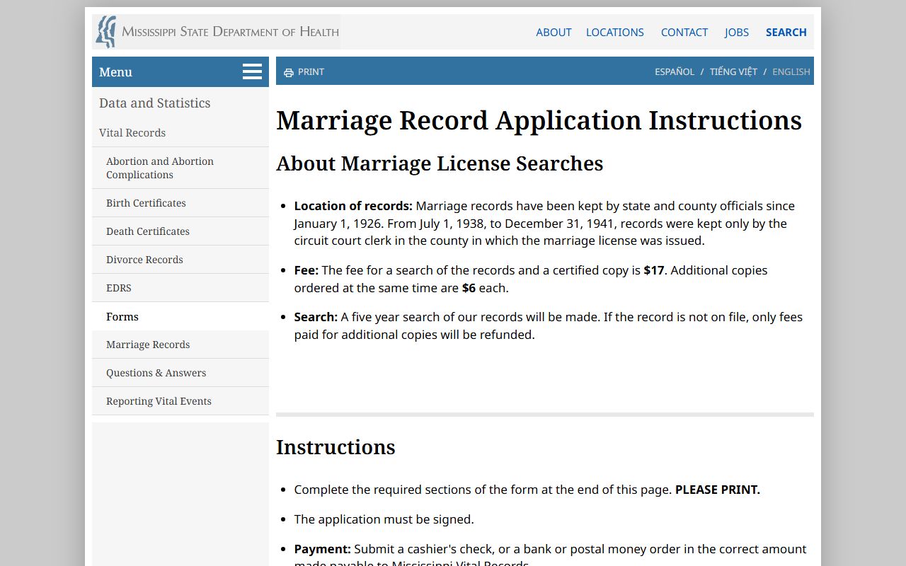 Bolivar County marriage and divorce records state marriage-record application instructions