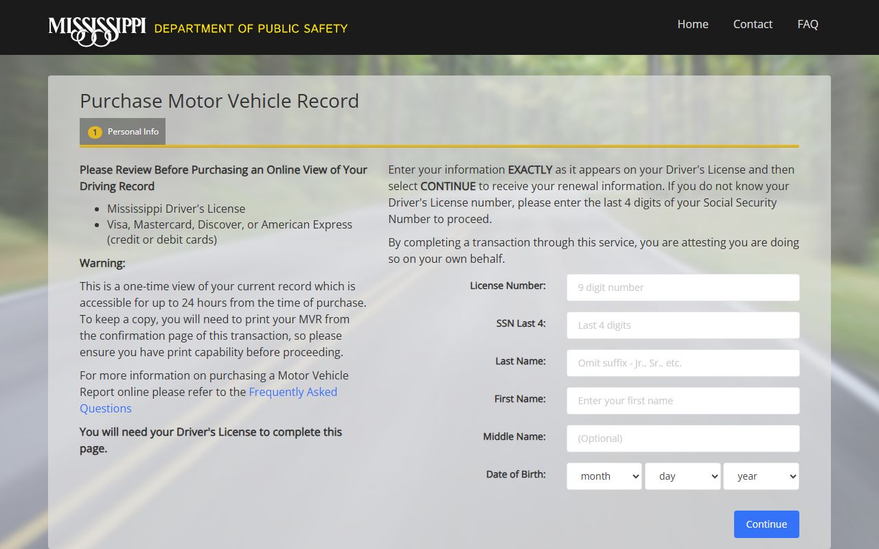 Bolivar County traffic court records and Mississippi MVR purchase form